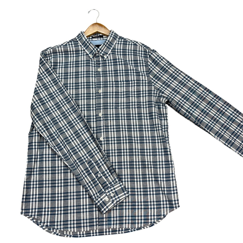 Ben Sherman Button Down Shirt Mens Large Blue Gray White Plaid Long Sleeve EUC